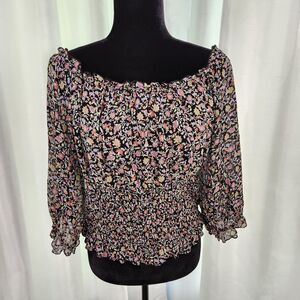 Anthropologie Peasant Top Womens L Smocked Waist Sheer Sleeve Ruffle Floral Boho